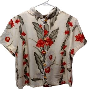 YOUNG HAWAII  Tropical-Themed Cream, Orange, and Green Blouse. Size Medium.